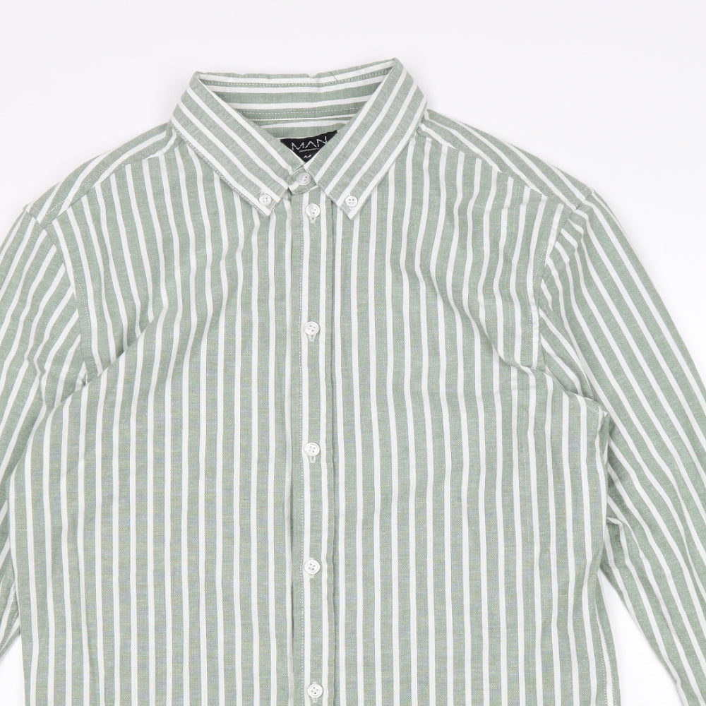 Boohoo Mens Green Striped Polyester Button-Up Size M Collared Button