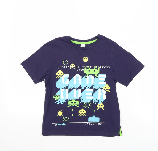 Mini Club Boys Blue Cotton Pullover T-Shirt Size 5-6 Years Crew Neck Pullover - Game Over