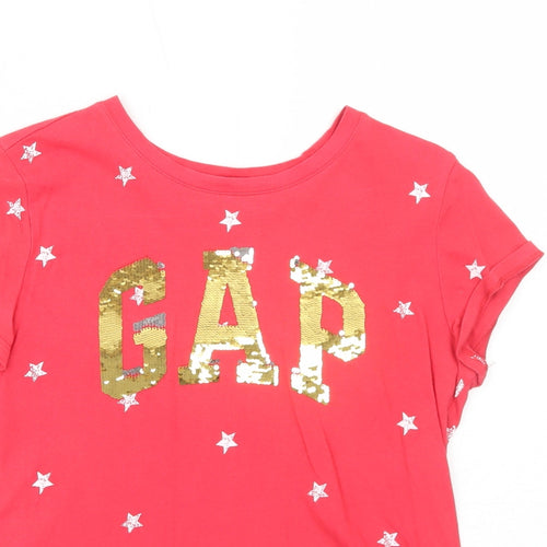 Gap Girls Red Geometric Cotton Pullover T-Shirt Size 13 Years Boat Neck Pullover - Star Print