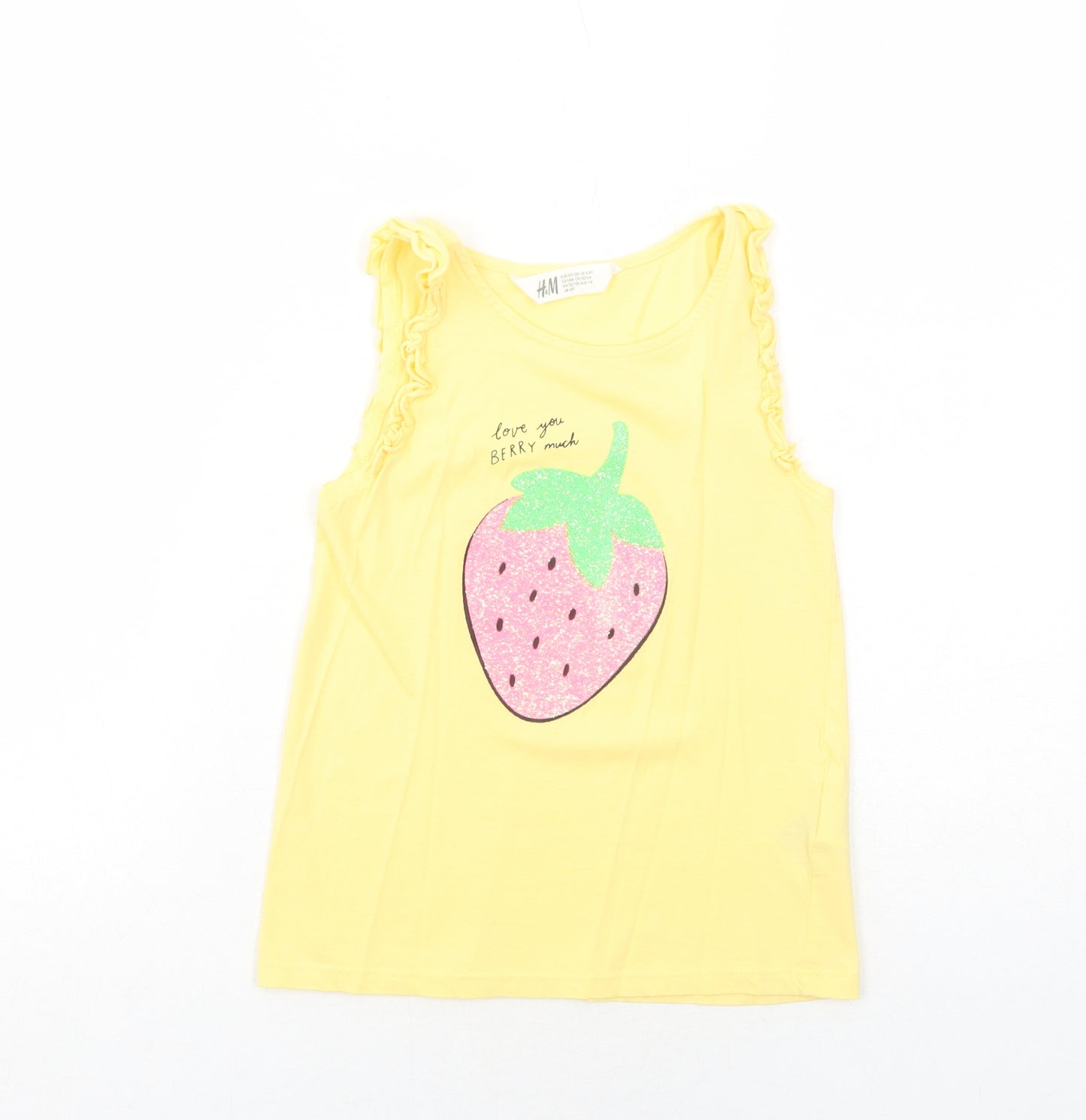 H&M Girls Yellow Cotton Pullover Tank Size 6-7 Years Boat Neck Pullover - Strawberry