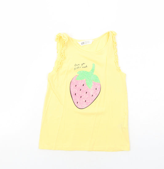 H&M Girls Yellow Cotton Pullover Tank Size 6-7 Years Boat Neck Pullover - Strawberry