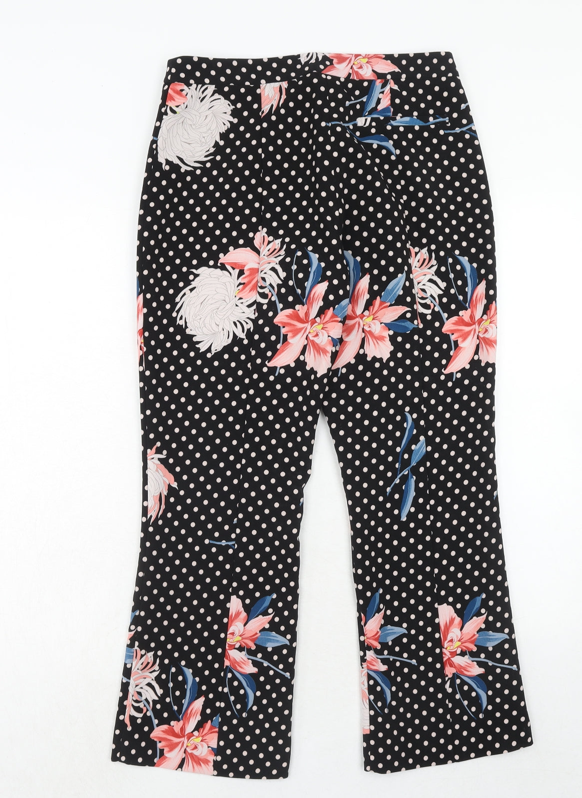 Topshop Womens Black Floral Polyester Trousers Size 10 Regular Hook & Eye