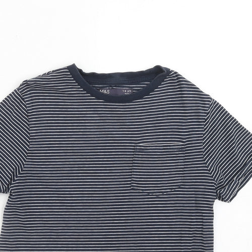 Marks and Spencer Girls Blue Striped Cotton Pullover T-Shirt Size 7-8 Years Round Neck Pullover