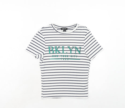 New Look Girls White Striped Polyester Pullover T-Shirt Size 14-15 Years Round Neck Pullover - Brooklyn New York