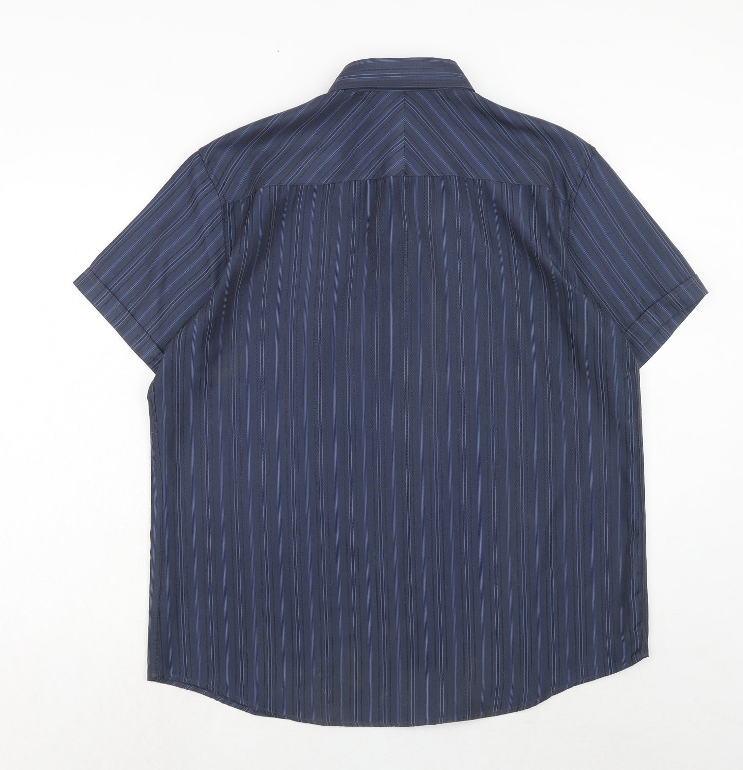 Thomas Nash Mens Blue Striped Polyester Button-Up Size L Collared Button