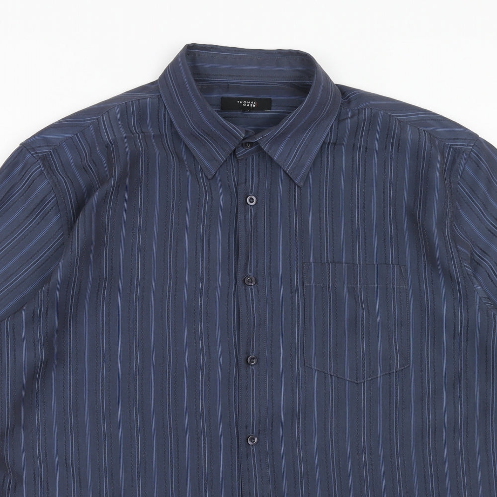 Thomas Nash Mens Blue Striped Polyester Button-Up Size L Collared Button