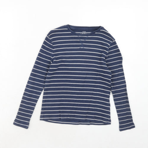 Marks and Spencer Girls Blue Striped Cotton Pullover T-Shirt Size 8-9 Years Round Neck Pullover