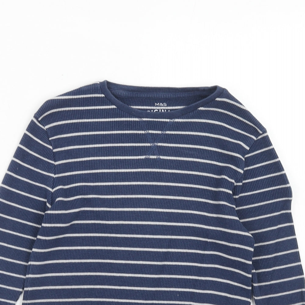 Marks and Spencer Girls Blue Striped Cotton Pullover T-Shirt Size 8-9 Years Round Neck Pullover