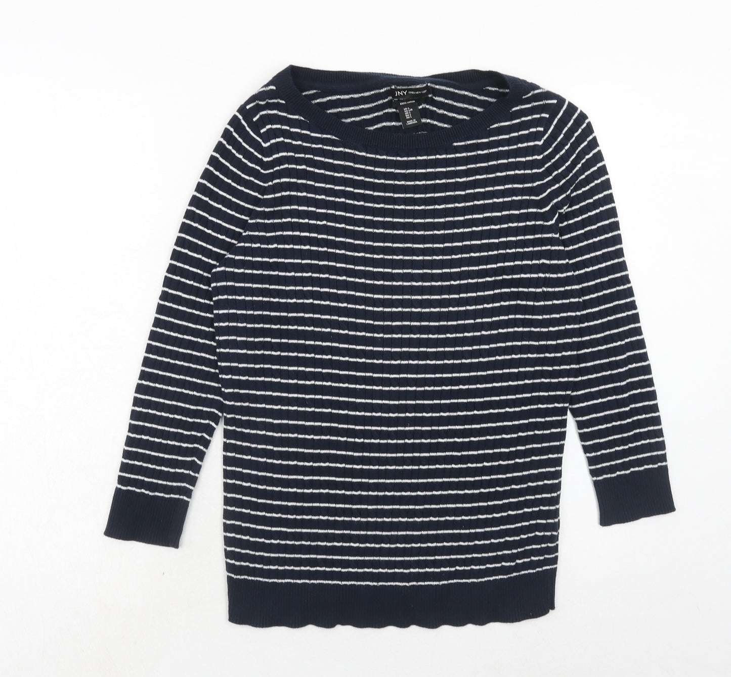 Jones New York Womens Blue Round Neck Striped Cotton Pullover Jumper Size L