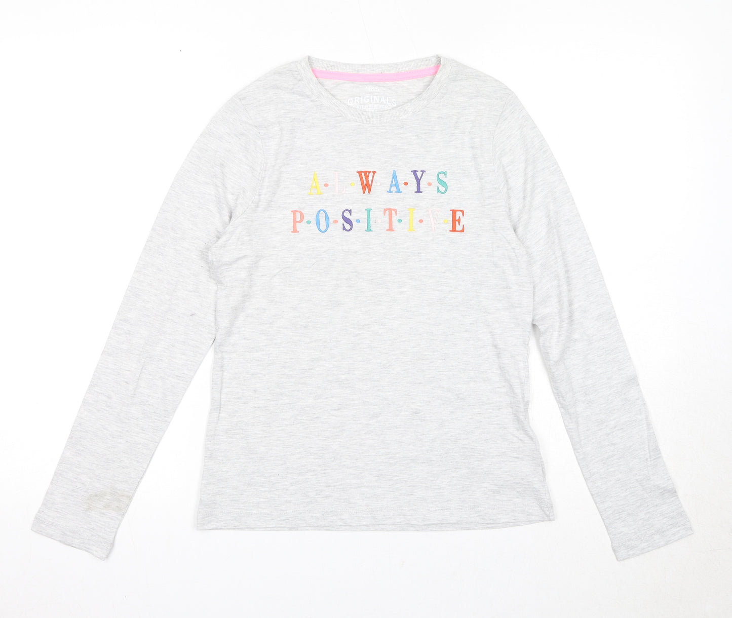 Marks and Spencer Girls Grey Cotton Pullover T-Shirt Size 12-13 Years Round Neck Pullover - Always Positive