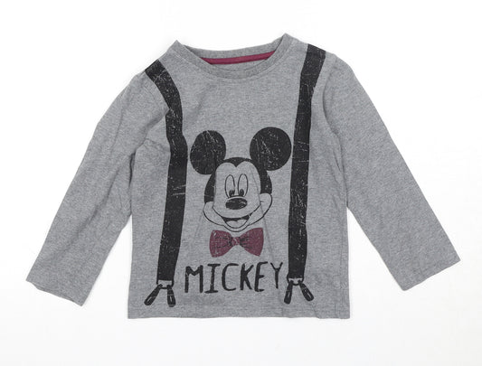 Disney Boys Grey Cotton Pullover T-Shirt Size 4-5 Years Round Neck Pullover - Mickey Mouse