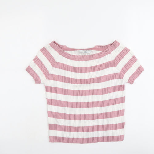 Marks and Spencer Girls Pink Boat Neck Striped Cotton Pullover Jumper Size 12-13 Years Pullover - Ribbed