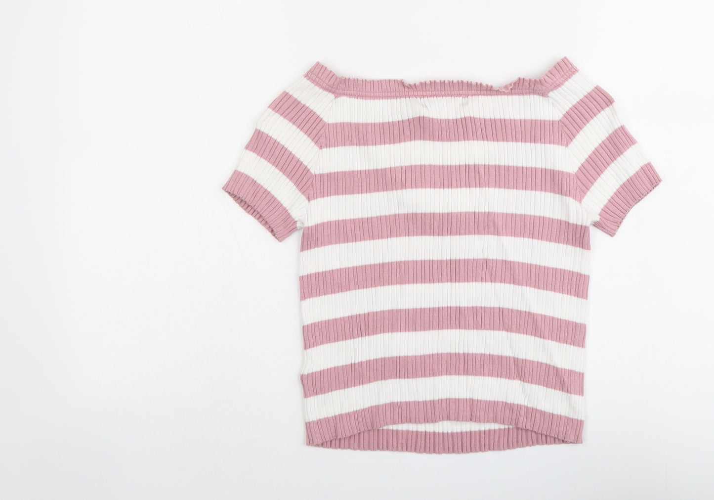 Marks and Spencer Girls Pink Boat Neck Striped Cotton Pullover Jumper Size 12-13 Years Pullover - Ribbed