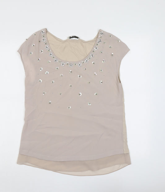 Oasis Womens Beige Polyester Basic Blouse Size M Scoop Neck - Embellished