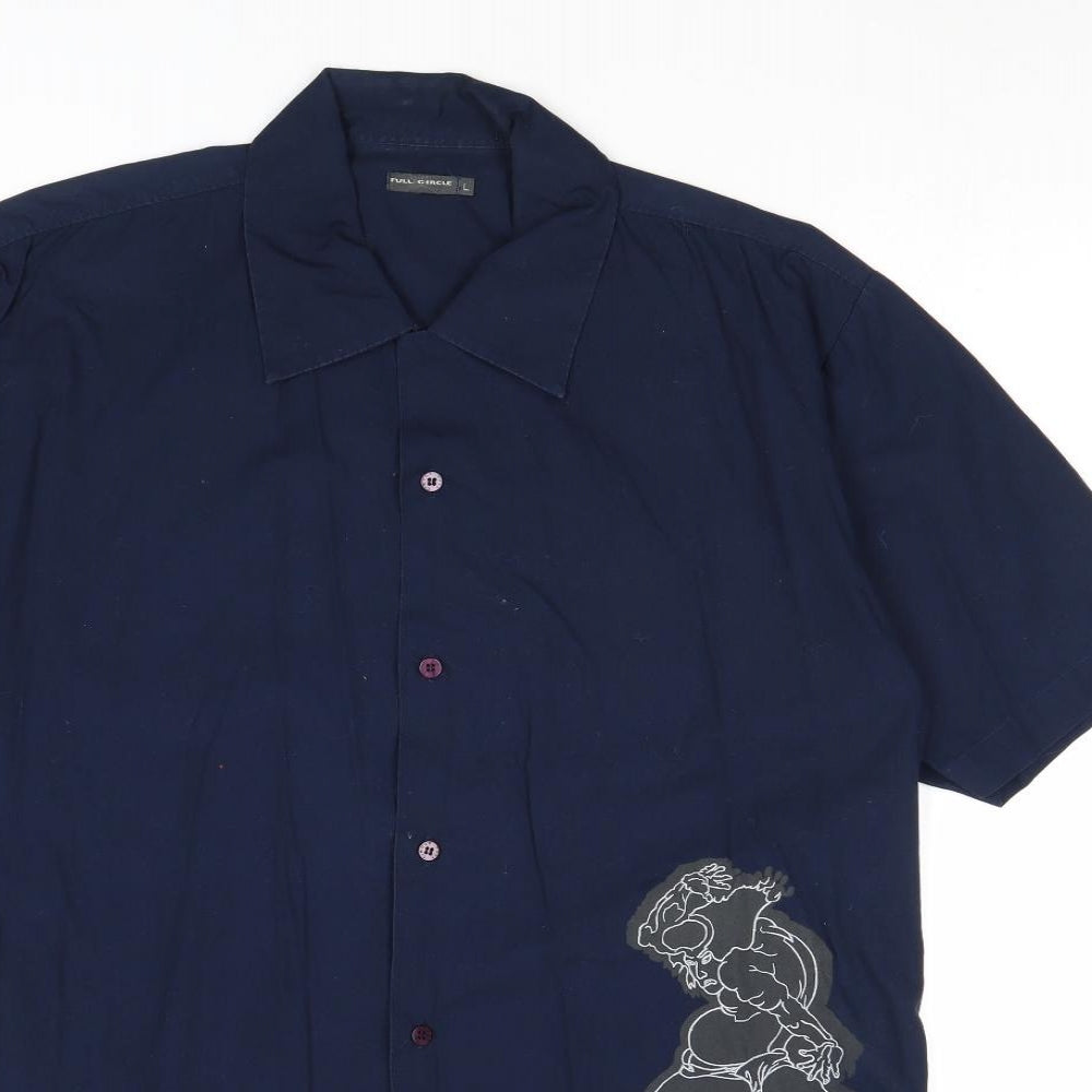 Full Circle Mens Blue Cotton Button-Up Size L Collared Button