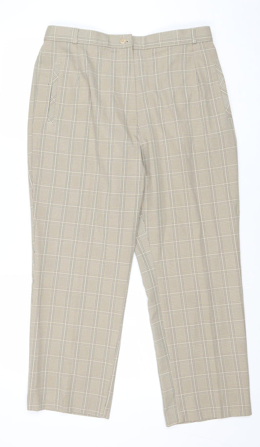 Marks and Spencer Womens Beige Plaid Polyester Trousers Size 16 Regular Zip