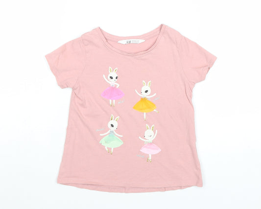 H&M Girls Pink Cotton Basic T-Shirt Size 3-4 Years Round Neck Pullover - Ballet Rabbit