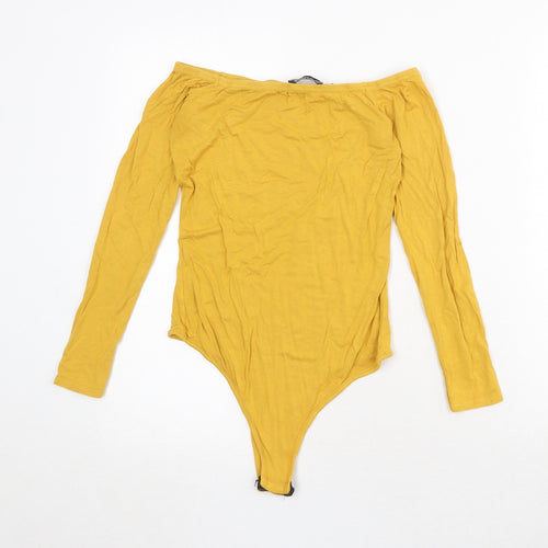 PRETTYLITTLETHING Womens Yellow Viscose Bodysuit One-Piece Size 10 Snap