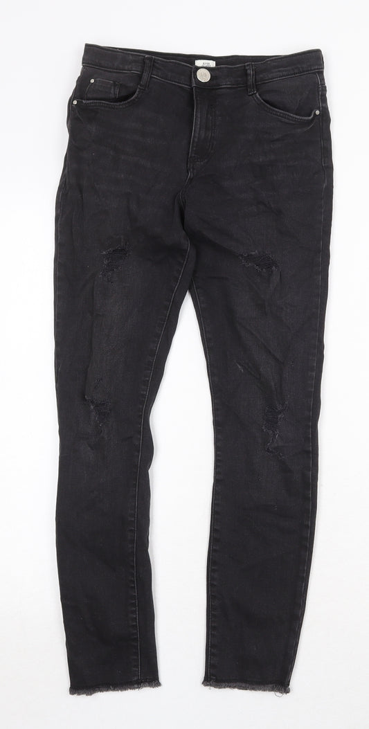 River Island Girls Black Cotton Skinny Jeans Size 12 Years Regular Zip - Distressed