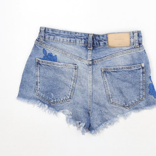 Zara Womens Blue Cotton Cut-Off Shorts Size 4 Regular Zip - Appliqués