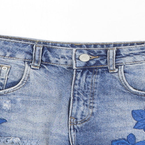 Zara Womens Blue Cotton Cut-Off Shorts Size 4 Regular Zip - Appliqués