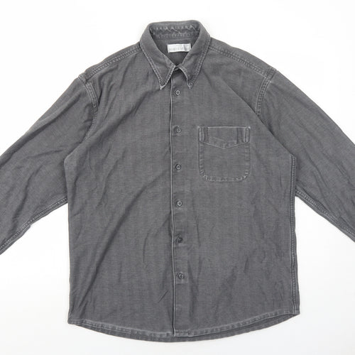 Marks and Spencer Mens Grey Cotton Button-Up Size M Collared Button
