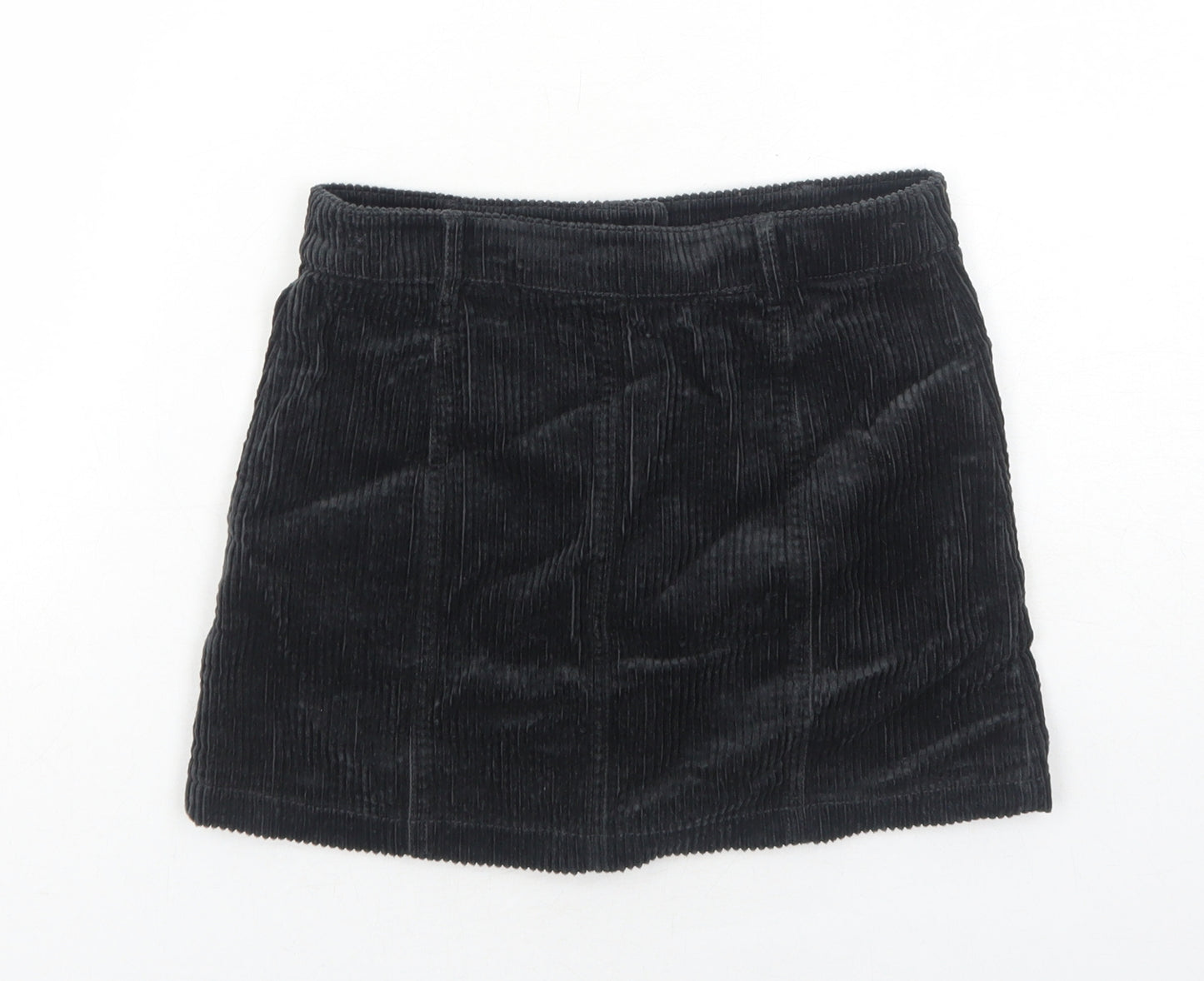 Marks and Spencer Girls Black Herringbone Cotton Mini Skirt Size 7-8 Years Regular Button