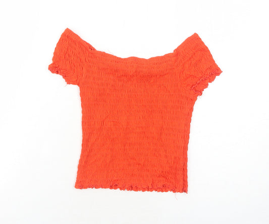 New Look Girls Orange Cotton Basic Blouse Size 12 Years Off the Shoulder Pullover - Shirred