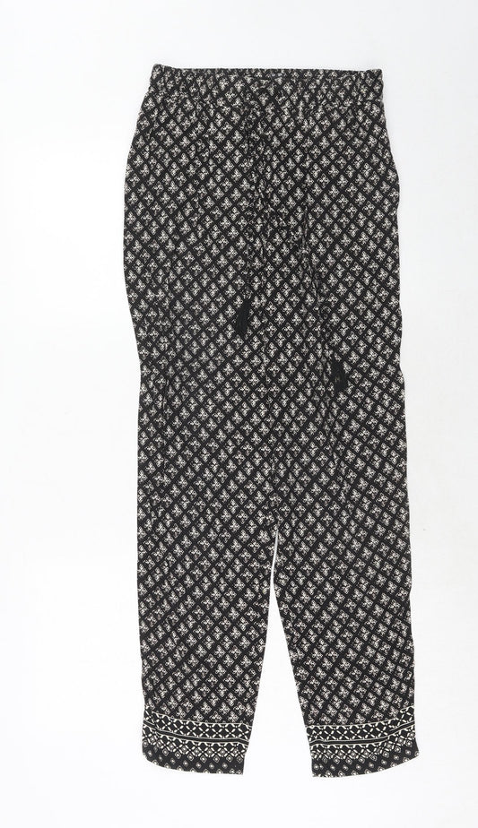 New Look Womens Black Geometric Viscose Trousers Size 8 Regular Drawstring