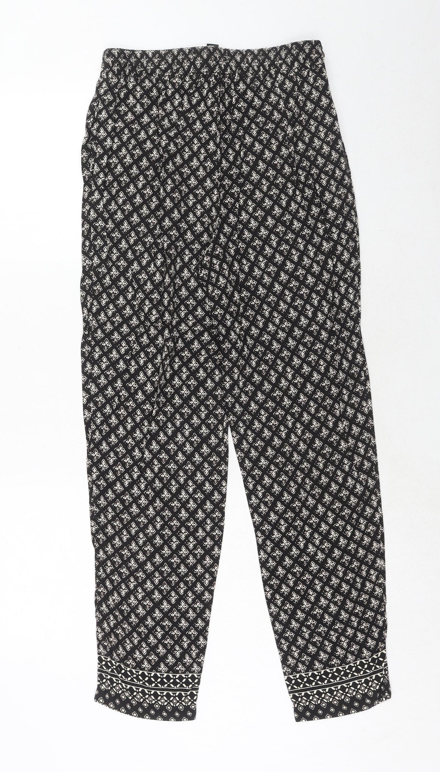 New Look Womens Black Geometric Viscose Trousers Size 8 Regular Drawstring