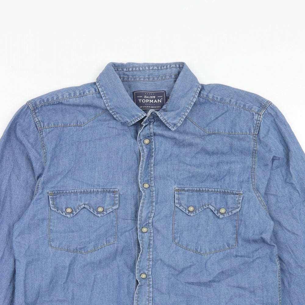 Topman Mens Blue Cotton Button-Up Size S Collared Snap