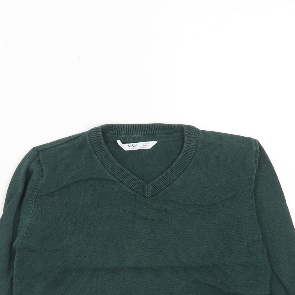Marks and Spencer Boys Green V-Neck Cotton Pullover Jumper Size 6-7 Years Pullover