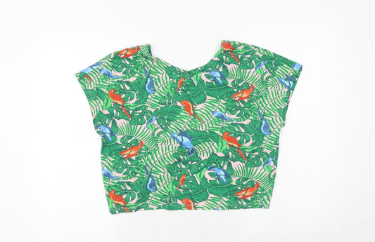 Monki Womens Multicoloured Geometric 100% Cotton Cropped Blouse Size M Round Neck - Parrot Print