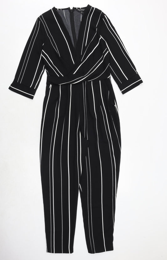 Miss Selfridge Womens Black Striped Polyester Jumpsuit One-Piece Size 6 Zip - Wrap Front Detail