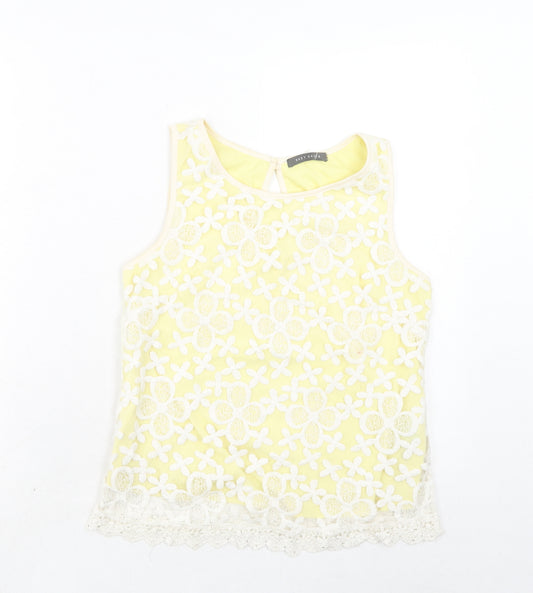 Suzy Shier Womens Yellow Geometric Cotton Basic Blouse Size M Boat Neck - Lace Overlay