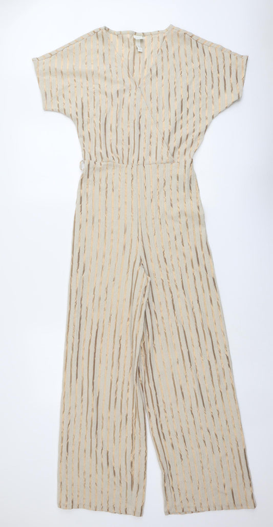 H&M Womens Beige Striped Polyester Jumpsuit One-Piece Size XS Pullover