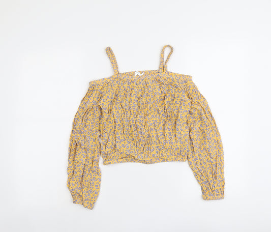 Marks and Spencer Girls Yellow Floral Viscose Pullover Blouse Size 11-12 Years Square Neck Pullover