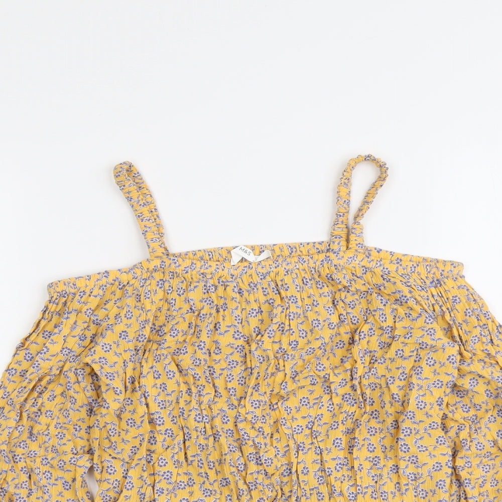 Marks and Spencer Girls Yellow Floral Viscose Pullover Blouse Size 11-12 Years Square Neck Pullover