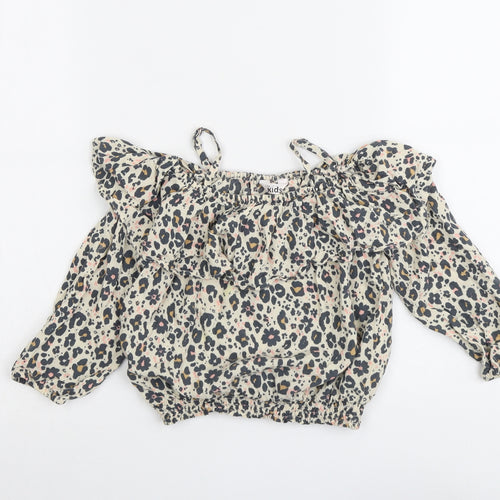 M&Co Girls Beige Animal Print Viscose Pullover Blouse Size 6-7 Years Off the Shoulder Pullover - Leopard Print