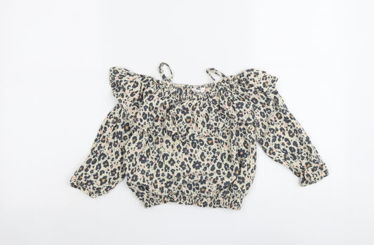 M&Co Girls Beige Animal Print Viscose Pullover Blouse Size 6-7 Years Off the Shoulder Pullover - Leopard Print