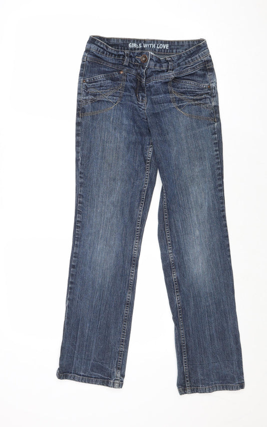 POOOPIANO Girls Blue Cotton Straight Jeans Size 12 Years Regular Zip