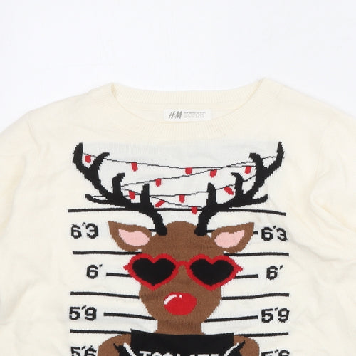 H&M Girls Ivory Round Neck Acrylic Pullover Jumper Size 10-11 Years Pullover - Christmas Reindeer