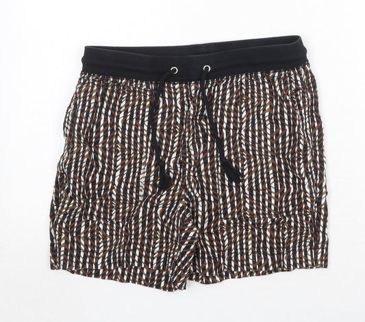 Marks and Spencer Womens Brown Geometric Linen Basic Shorts Size 8 Regular Drawstring