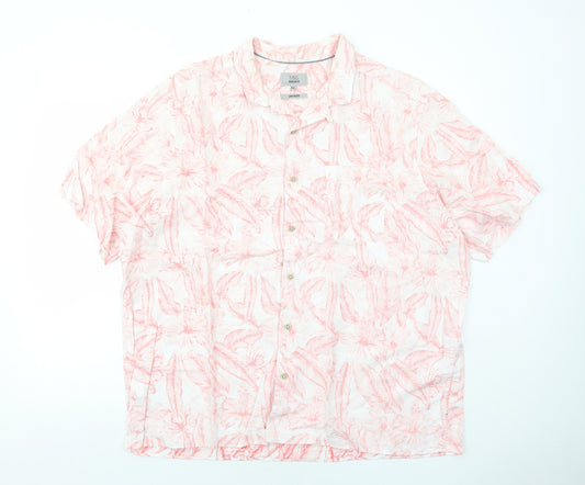 Marks and Spencer Mens Pink Geometric Linen Button-Up Size 2XL Collared Button - Leaf Print