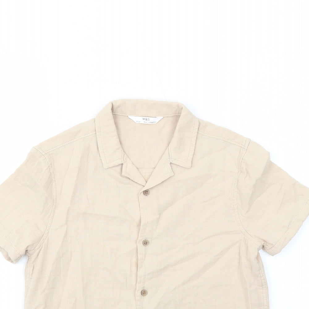 Marks and Spencer Boys Beige Cotton Basic Button-Up Size 9-10 Years Collared Button