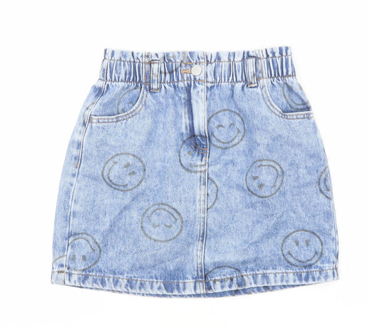 Smiley World Girls Blue Geometric Cotton Mini Skirt Size 9 Years Regular Zip - Smiley Face Print