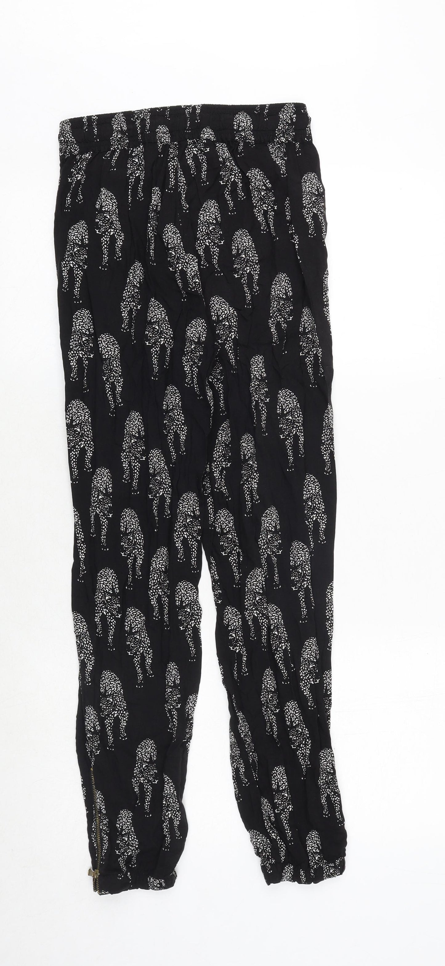 Zara Womens Black Geometric Viscose Trousers Size XS Regular Drawstring - Leopard Pattern