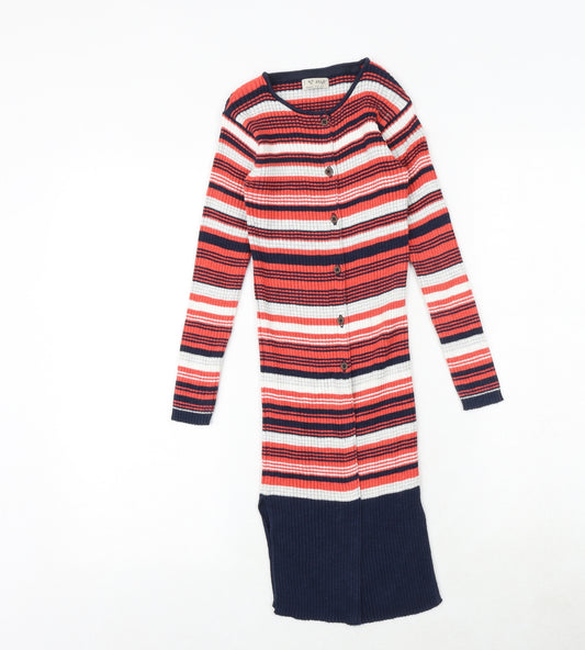 NEXT Girls Multicoloured Striped 100% Cotton Jumper Dress Size 7 Years Round Neck Button