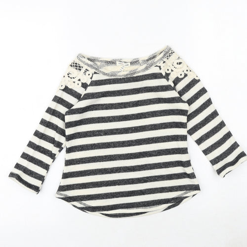 Sophia & Zek Girls Grey Striped Cotton Basic Blouse Size 7-8 Years Round Neck Pullover - Lace Details