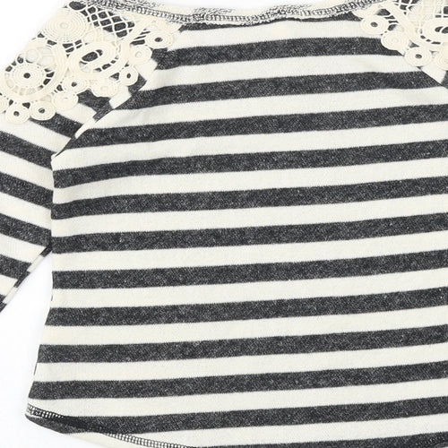 Sophia & Zek Girls Grey Striped Cotton Basic Blouse Size 7-8 Years Round Neck Pullover - Lace Details